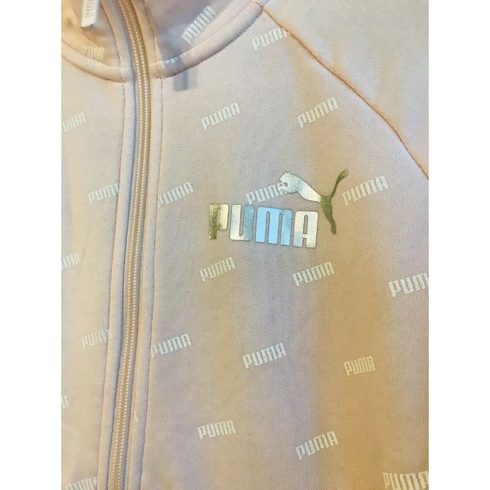 Puma Women's Light Pink Size Large All Over Logo Print Cropped 3/4 Zip Sweater - Picture 2 of 5